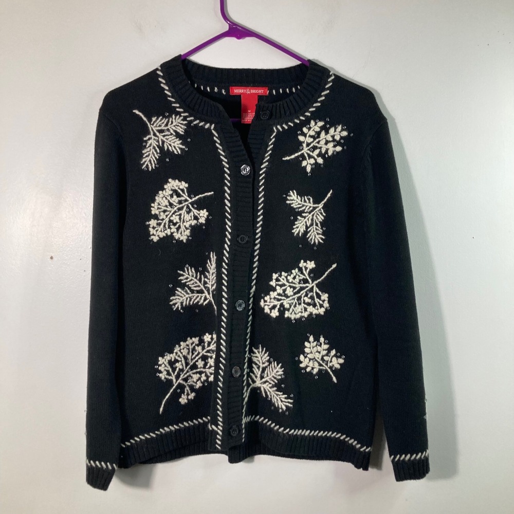 Merry & Bright Black‎ Embroidered Leaf Beaded Cardigan Sweater Women's Medium